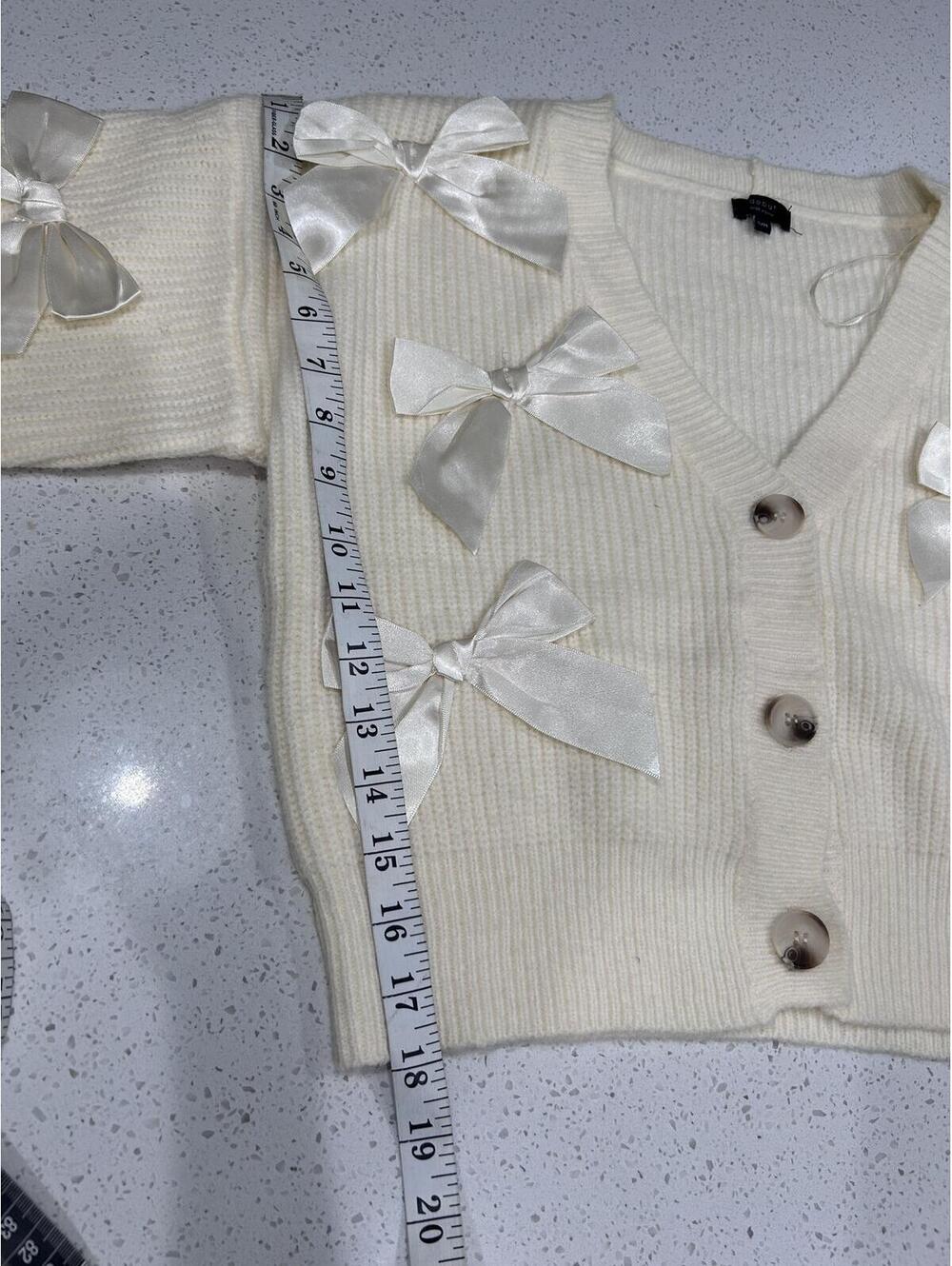 Debut Cream Button-Down Cardigan - Ribbon Bow Accents - Size S/M - Cottagecore - Picture 4 of 8